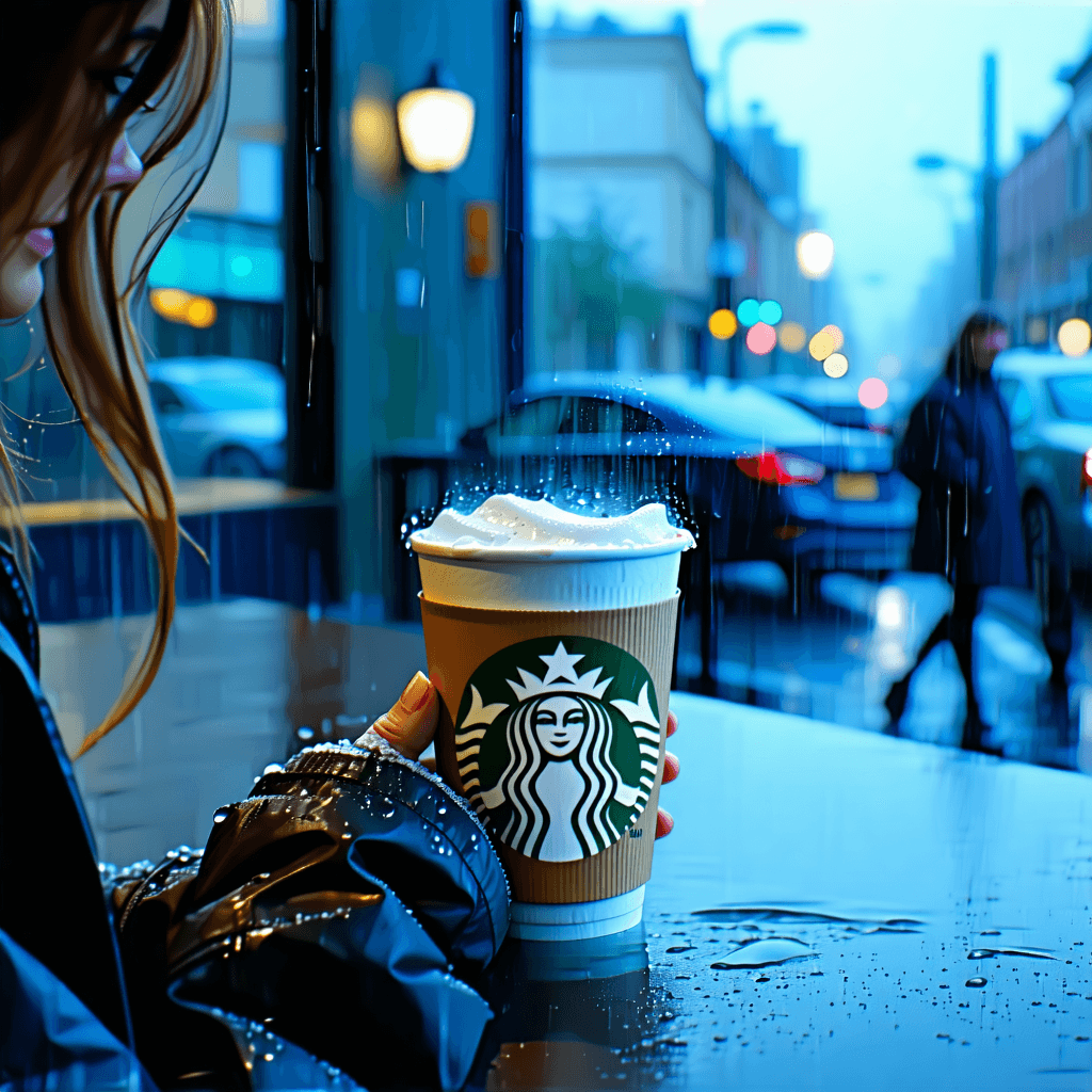 "Construct a hyper-realistic, 8k resolution digital image that captures a dramatic moment of an individual savoring Starbucks coffee inside a Starbucks cafe. The scene is bathed in the cool, blue hues of a rainy day outside, giving the image a slightly modernistic appeal. The shot is taken from a low angle with the Starbucks logo on the cup being the primary focus, accentuating the condensation beads on the cup and mist spiraling from the hot coffee. The person's hand holding