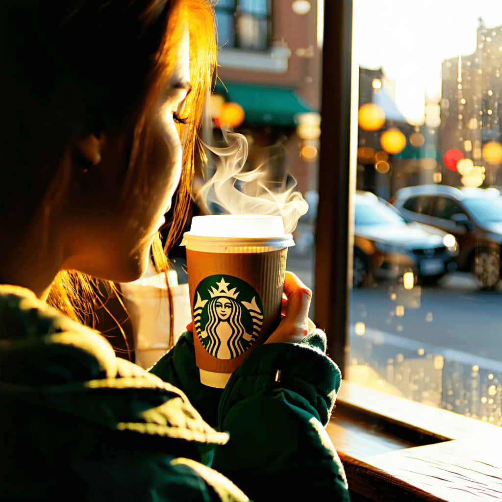 Create a highly detailed, 8k resolution photographic image capturing a cinematic moment of a person drinking Starbucks coffee in a Starbucks coffee shop. The scene is illuminated by soft, warm lighting streaming in from a window, enhancing the warm tones and giving the image a slight vintage feel. The composition is an over-the-shoulder shot with a shallow depth of field focusing sharply on the Starbucks cup, emphasizing the texture of the cup and the steam rising from the coffee, while the person's hand shows a slight movement, suggesting a moment of enjoyment. The person's reflection is subtly captured in the window, adding depth. In the softly blurred background, other customers are present, providing a sense of place without distracting from the main subject. A newspaper with an interesting headline peeks out of the person's bag, adding a narrative element. The image should have a subtle film grain and vignetting post-processing effect for a vintage film look, framing the scene perfectly to evoke a cozy, inviting atmosphere.
