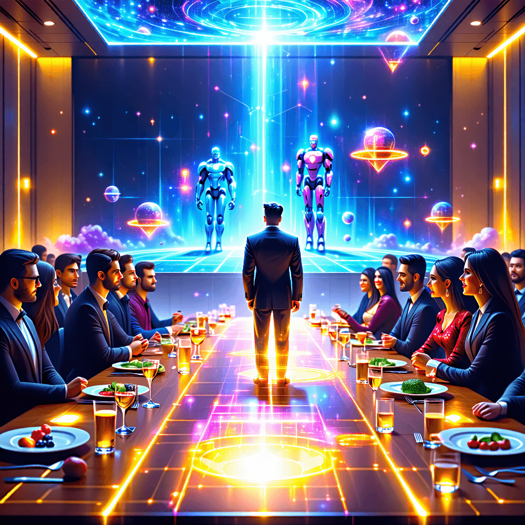 Conference Hall

(Event Planner Boss enters, stylish suit, AR hologram screen opens behind him showing wedding services.)

VFX Prompt:
"Futuristic office meeting room with warm golden lighting, holographic 3D wedding stage projection in mid-air, floating digital menus showing catering, decorations, music, AI robots serving tea, ultra-realistic 8K."

Chandra:
"Ok ok… calm down everyone. Mana aim one and only goal – pelli blockbuster hit cheyyadam! Venues, catering, decoration… even AI robots handle cheyyachu."

Radha:
"Robots? Arey nenu tho dance cheyadam kuda cheyagalaru aa?"

Chandra: (smirks)
"Cheyagalaru kaadu madam… moonwalk kuda cheyistaru."