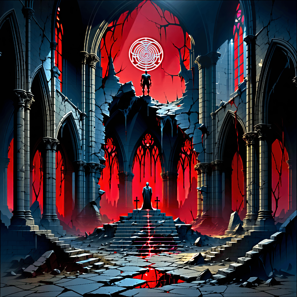 Create a piece of concept art that captures a Gothic-horror surreal matte painting. The scene unfolds around a decayed cathedral, consumed by living shadows, with a skeletal preacher rising from a cracked obsidian altar at its heart, a symbol of dread, despair, and otherworldly terror. The cathedral's architecture, inspired by European Gothic, collapses inward in a twisted perspective, with towering arches lit by a stark chiaroscuro contrast. Blood-red stained glass casts a spectral glow across the fractured stone, blending with spectral blues and desaturated bone tones to amplify the atmosphere of unease. The textures—cracked marble, dripping black ichor, and shattered statues—are rich in detail, with spiral sigils and inverted crosses adding to the occult symbolism. This scene is imbued with cinematic depth, reminiscent of being captured on a RED Komodo 6K with a Leica Summilux-M 35mm lens, and rendered in ultra-sharp 64K resolution at 300 dpi for a high-gloss metal poster finish. Enhance the chiaroscuro to deepen shadows and brighten highlights, emphasizing the intricate patterns of the stained glass and the eerie glow of occult sigils. The architecture is surreal, with a distorted perspective that warps reality, while the color palette is infused with symbolism, especially the intense glow of the blood-red stained glass. Textural realism is paramount, with increased emphasis on the cracks and decay in the marble. Include dynamic elements like swirling ash drifts, with a glowing aura around the skeletal preacher and dramatic shadows cast by point lighting. A foggy ambiance envelops the scene, enriched with a hazy overlay and the subtle movements of flickering candles. Floating mirrors add an uncanny element, reflecting the shadows, and a tattered manuscript with cryptic text enriches the surreal narrative. The atmosphere is alive with the sound of whispering voices, completing this haunting composition.