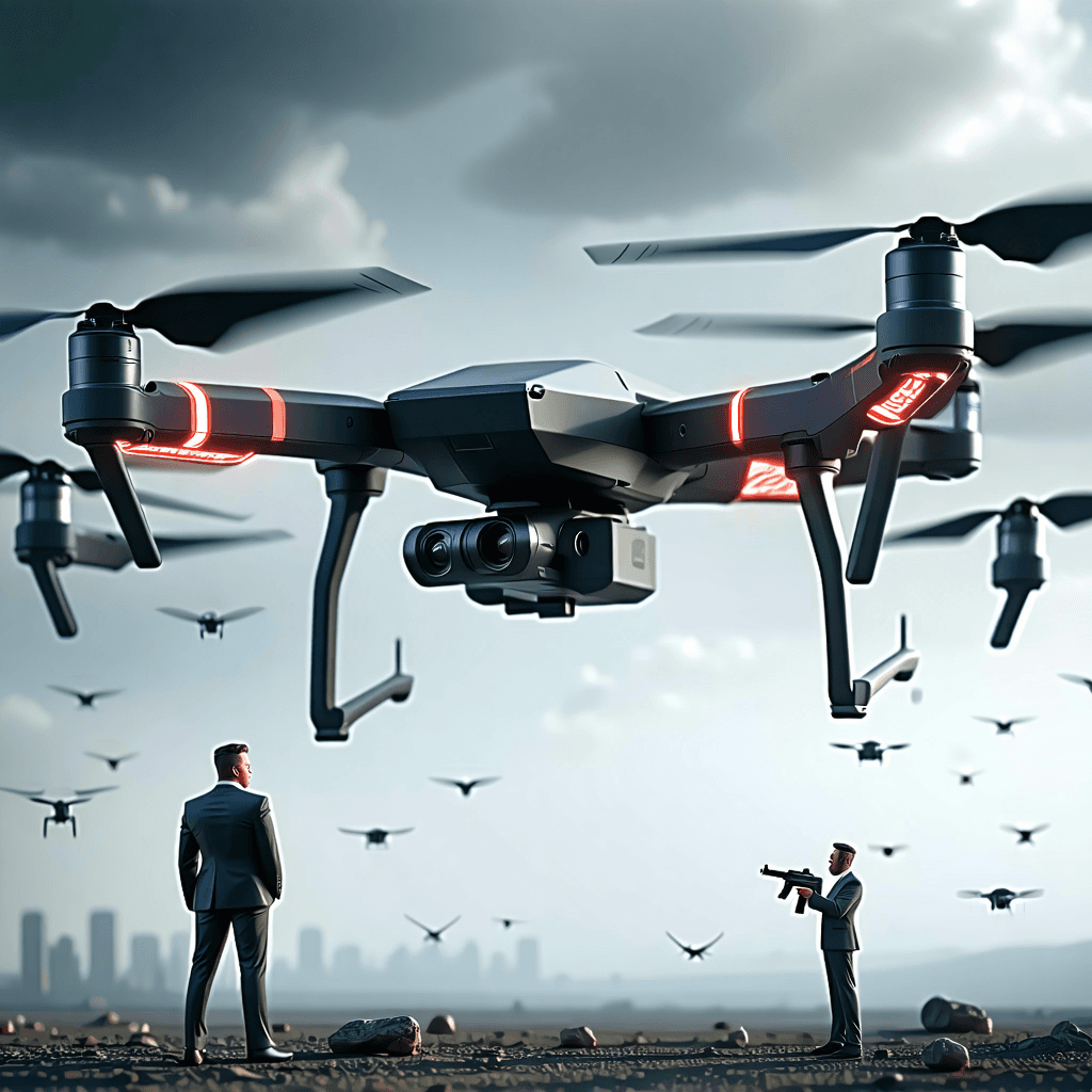 hey, can u create an image of serial designation J (murder drones) begging Uzi doorman and serial designation N (also mujrder drones) for mercy