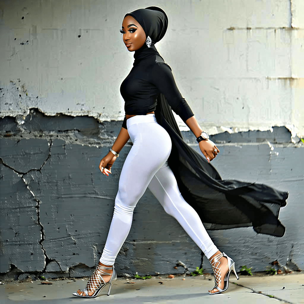 Create a portrait-art image capturing the essence of a hijab-wearing Muslim woman mid-stride. She exudes confidence in her dynamic pose, her sleek and polished updo peeking from beneath an intricately styled hijab. She's dressed in very tight white satin casual leggings that hug her form, paired with shiny caged high heels sandals, showcasing a striking contrast in textures against a rough concrete backdrop. Her confident and enigmatic expression is highlighted under soft, diffused lighting, adding depth and warmth to her features. The simple, neutral background ensures she remains the focal point, while her statement earrings add a bold accent. The image should reflect her unique personal style, with a close-up detail shot emphasizing the smooth satin against the concrete, capturing the essence of her individuality and cultural identity in a single, dynamic moment.