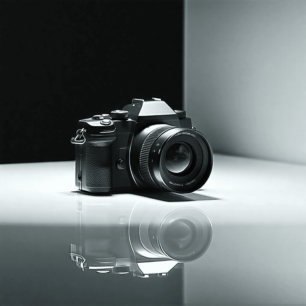 Create an elegant product photo of a camera, focusing on a macro close-up that reveals the intricate design details. Use soft diffused lighting to highlight textures, ensuring the monochromatic color scheme enhances the camera's sleekness. Position the camera on a reflective, neutral backdrop to introduce a mirror-like effect, adhering to the rule of thirds for a balanced composition. Incorporate side lighting to accentuate shadows and textures, creating depth. Include a polarizing filter to minimize reflections and glare, ensuring clarity. Feature the camera in an in-use scenario with a model, adding a blur effect to imply motion, capturing a dynamic shot. Surround the camera with its accessories and components, arranged to tell a visual story, using negative space to accentuate the camera's form. Apply a minimalist approach for a clean, professional look. Use forced perspective to creatively distort the scale, making the camera the focal point of this detailed, product-focused image.