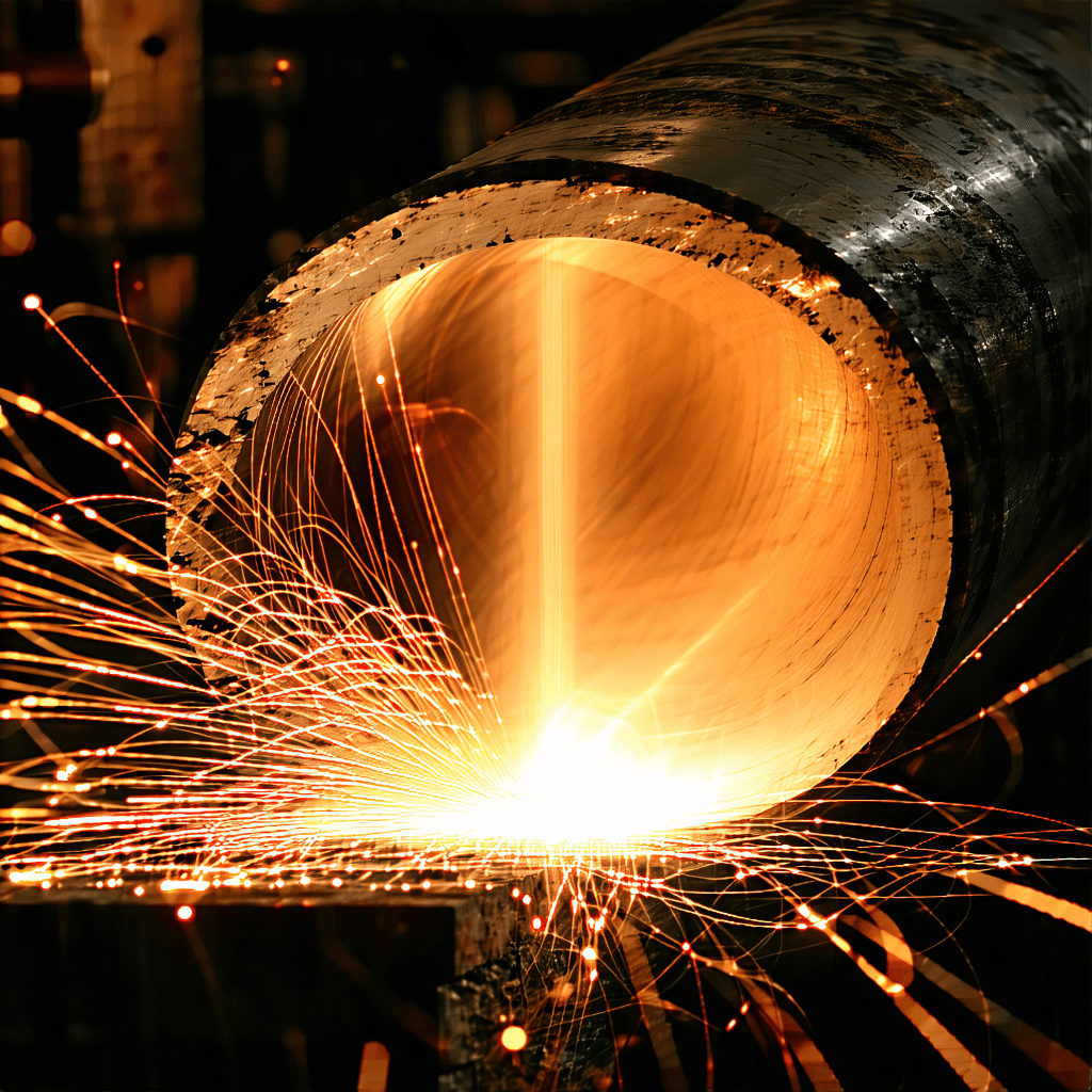 Craft a photographic masterpiece capturing the ultrasonic testing of a shear wave through a piping weld. Imagine this scene under the dramatic flair of side lighting, casting deep shadows and creating a stark contrast that emphasizes the intricate details and rough textures of the metal. The camera, positioned in a bird's eye view, should focus on achieving a symmetrical composition, where the macro close-up shot reveals the vibrant colors of the shear wave interacting with the metallic surface. Incorporate a shallow depth of field to blur out distractions, drawing the viewer's eye directly to the wave's motion, which is captured in a long exposure to convey its dynamic flow. Reflections on the metal surfaces should add a layer of depth, making the colors pop and the scene feel alive. The overall aesthetic is industrial, with a color palette that enhances the metallic nature of the subject and its surroundings, all while keeping the image grounded in realism with natural lighting and cinematic composition.