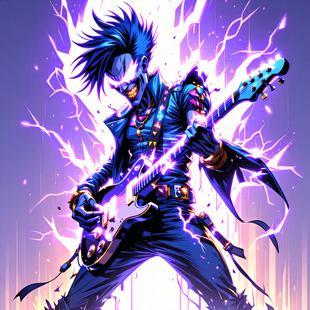 "Imagine a primary character drawn from an intricately inked Comic book, personifying the soul of a rockstar with an electronic flair. The character, positioned in a kinetic rock-and-roll stance, one foot high off the ground, is playing an electric guitar that doubles as a powerful weapon, graced with electrifying details dancing on the strings. Their facial expression is brimming with an intense fervor, eyes blazing, and a grin that's equally enticing and thrilling. The attire is a marvel
