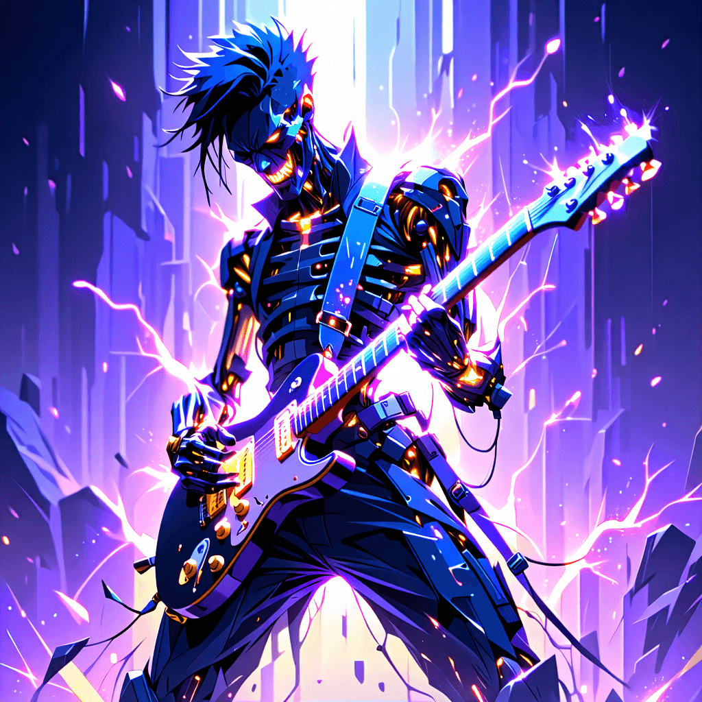 "Visualize a central figure hailing from a delicately etched Graphic Novel, embodying the spirit of a rockstar infused with a digital vibe. The character, poised in a dynamic rhythmic motion, one foot dramatically lifted, is strumming an electric guitar that also functions as a potent weapon, adorned with sparkling cybernetic enhancements on its strings. Their countenance is filled with a passionate rage, eyes aflame, and a smirk that's simultaneously captivating and electrifying. The ensemble
