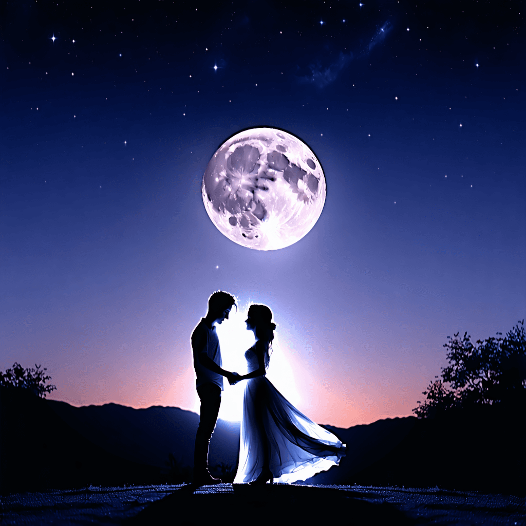Craft a professional product-focused photo capturing a magical moment of a couple intertwined in a dance under the moonlight, holding hands with fingers delicately laced together. The scenery is set in a majestic moonlit landscape, with the soft, warm glow of a moon-shaped lantern illuminating their faces, creating a whimsical and enchanting atmosphere. They gaze deeply into each other's eyes, reflecting a profound connection. The color palette is dominated by soft blues and purples, with a shallow depth of field focusing on the couple, adding intimacy to the shot. Their clothing is rich in texture, moving elegantly as they dance. A subtle mist or fog wraps around them, enhancing the moonlight's soft glow filter effect. The composition is an over-the-shoulder shot, capturing their reflections in the water, adding symmetry and depth. The mood is serene, suggesting a story of a moonlit stroll turned into a spontaneous dance, filled with whimsy and romance.