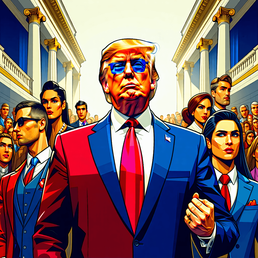 "Craft a compelling narrative image that encapsulates the tale of 'Kash Patel’s Senate Circus: Farce, Flip-flops, and the FBI's Public Relations Catastrophe.' Visualize the Senate hall, elaborate and majestic, as the backdrop for this political drama. Patel, dressed in distinctive garb representing his transformation from a MAGA supporter to the FBI's chief, is assertive in the middle with an authoritative posture. Encircle him with senators, their postures lively, faces filled