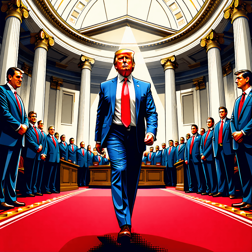 Create an engaging story illustration that captures the essence of 'Kash Patel’s Senate Circus: Buffoonery, Backpedals, and the FBI’s PR Meltdown'. Imagine the Senate chamber, detailed and grand, serving as the stage for this political theater. Patel, adorned in distinctive attire symbolizing his journey from a MAGA loyalist to the FBI's director, stands defiant with a power stance in the center. Surround him with senators, their poses dynamic, faces etched with exaggerated emotions of outrage and disbelief. Use dramatic lighting effects to highlight the central conflict, casting harsh light on Patel to symbolize the pursuit of truth amid chaos. Incorporate forced perspective to enhance the narrative focus, with symbolic gestures like pointed accusations adding to the tension. The background should feature the opulent Senate chamber, but with metaphorical visual elements like political emblems subtly integrated. Ensure the color palette supports a mood of high drama, with motion blur indicating the swift unfolding of events. Close-up panels should capture the emotional impact, showing detailed expressions. Include symbolic visual metaphors to convey the underlying themes of loyalty, betrayal, and spectacle. The composition should be dynamic, with sequential panels guiding the viewer through the story's unfolding.