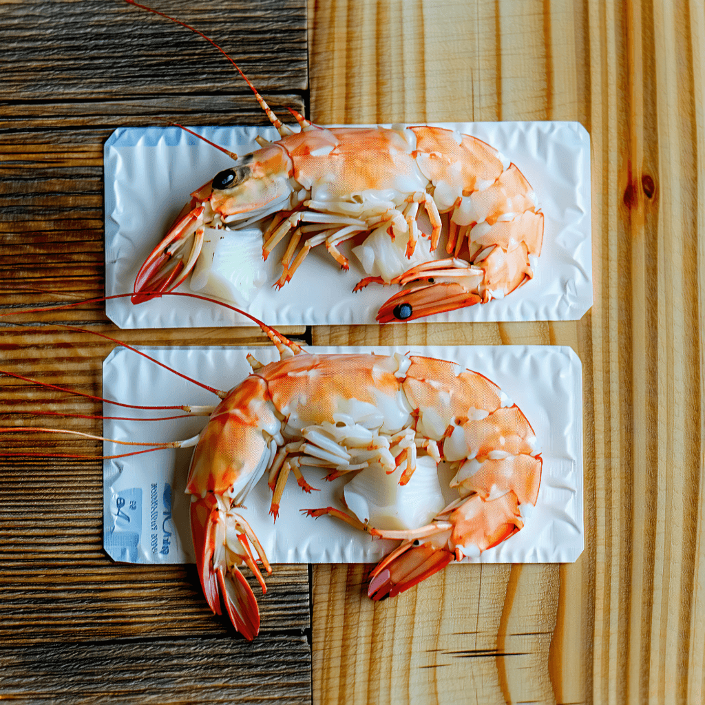 Craft an engaging Instagram ad featuring two packs of spot prawns, artistically placed at the bottom, resting on a rustic wood texture background. The composition should be diagonal, creating a dynamic yet balanced visual flow. Lighting is paramount; employ soft, natural light to enhance the detail and natural tones of the prawns, ensuring they are the focal point with a shallow depth of field that softly blurs the background, emphasizing texture without losing the essence of the wood. The top of the image should transition into a white space, reserved for a text overlay that reads 'Free Spot Prawns with Your First Box'. This area should harmonize with the image, incorporating minimal negative space to maintain focus. Integrate a subtle brand logo in a corner, ensuring it doesn't detract from the main message. Finally, include a visually appealing, clickable button overlay for the call to action, optimized for mobile viewers, ensuring it's clear and easy to interact with.