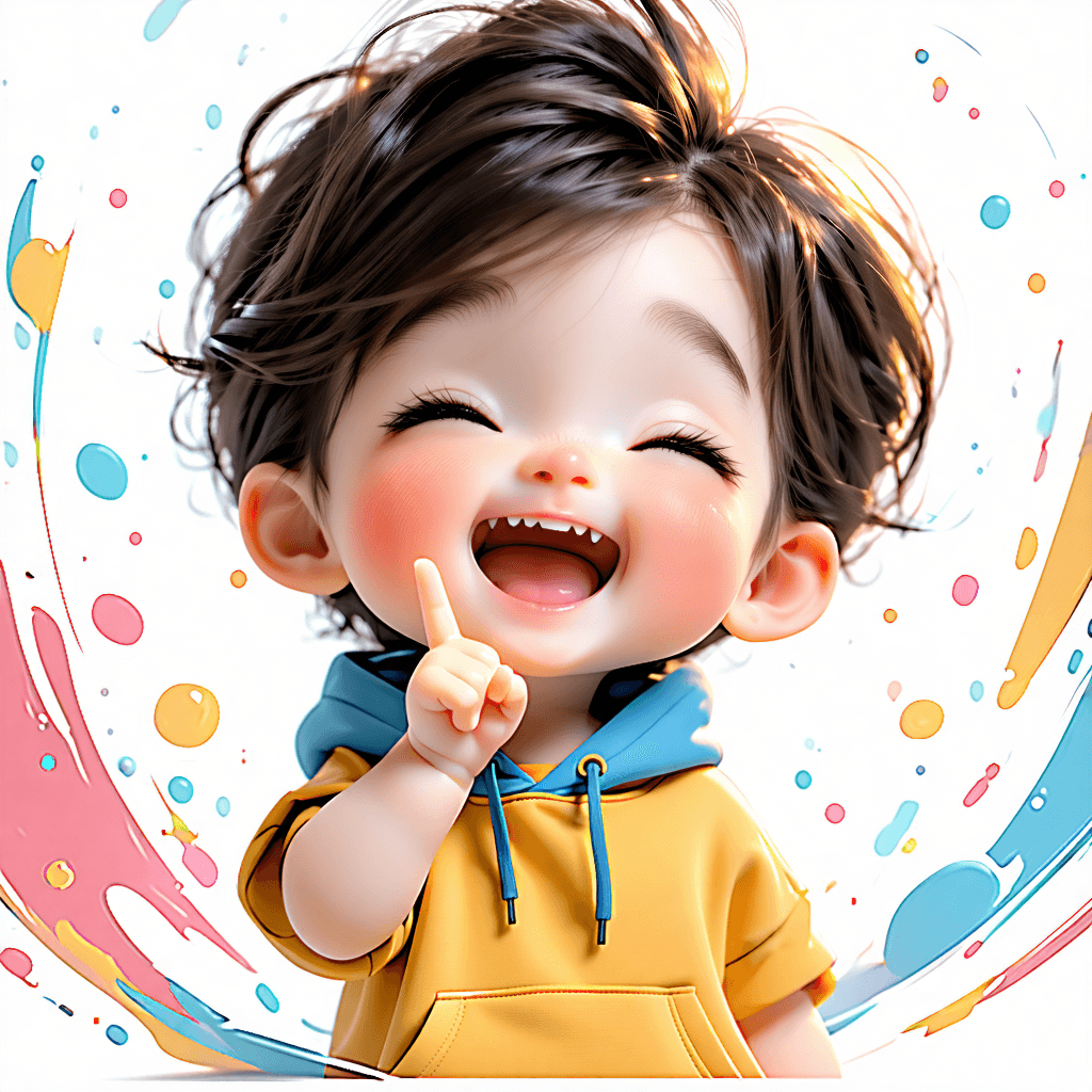 Envision a character design that exudes the joyous essence of childhood. Picture a cartoon character child, brimming with cheerfulness, their face illuminated by a big smile and eyes sparkling with excitement. They are in the midst of a dynamic, expressive pose, one hand gently placed near their mouth, two fingers drawing a smile in the air - a beautiful representation of 'happy' in Arabic sign language. Their outfit is casual yet colorful, perfectly complementing the bright and vibrant color palette that surrounds them. The backdrop is simple yet filled with colorful elements, providing a cheerful ambiance without overwhelming the main subject. Soft, diffused lighting casts gentle shadows, highlighting the subtle textures that add depth to the image. The composition is diagonal, adding an energy that matches the child's vibrant personality. Cultural motifs subtly woven into the design honor the richness of Arabic sign language, creating a picture of inclusion and joy.