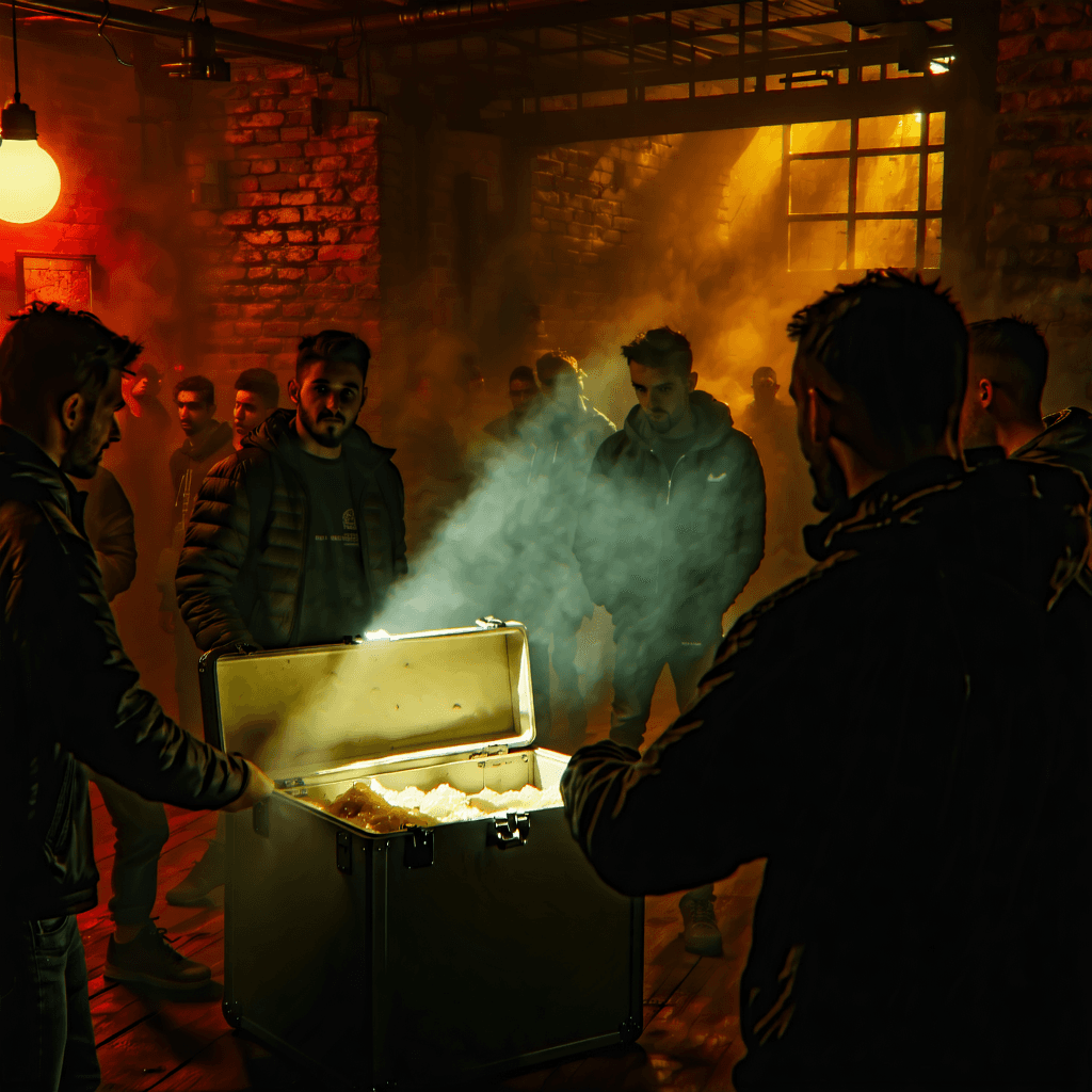 Create a photographic image capturing a tension-filled moment inside an escape room, illuminated primarily by the dramatic, focused beam of a flashlight held by one of the players. From a player's eye-level perspective, the scene unfolds with a vividly detailed case in the foreground, sharply in focus, bathed in a spotlight effect that emphasizes its importance. The room is filled with a subtle fog, adding a layer of mystery and urgency. The players are a study in collaboration and determination, their expressions a mix of focus and teamwork, captured with a blur of movement to convey their frantic search for clues. The environment is rich with worn textures, especially the furniture, contributing to the room's enigmatic charm. Vibrant colors pop against the moody backdrop, with a ticking clock visually represented to intensify the sense of time slipping away. Leading lines in the composition draw the viewer's eye directly to the case, the central mystery everyone is desperate to solve.