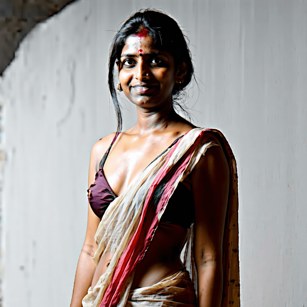"Capture a mysterious woman dressed in a sleeveless saree, her navel faintly visible. The saree incorporates contrasting hues for a striking visual, set against a plain, muted backdrop. The composition veers towards asymmetry, emphasizing her powerful posture and inscrutable grin, under the play of shadows and highlights to enhance a mood of intrigue. Utilize a narrow depth of field to draw attention to her figure and the elaborate design of the saree. The viewpoint is at eye level,