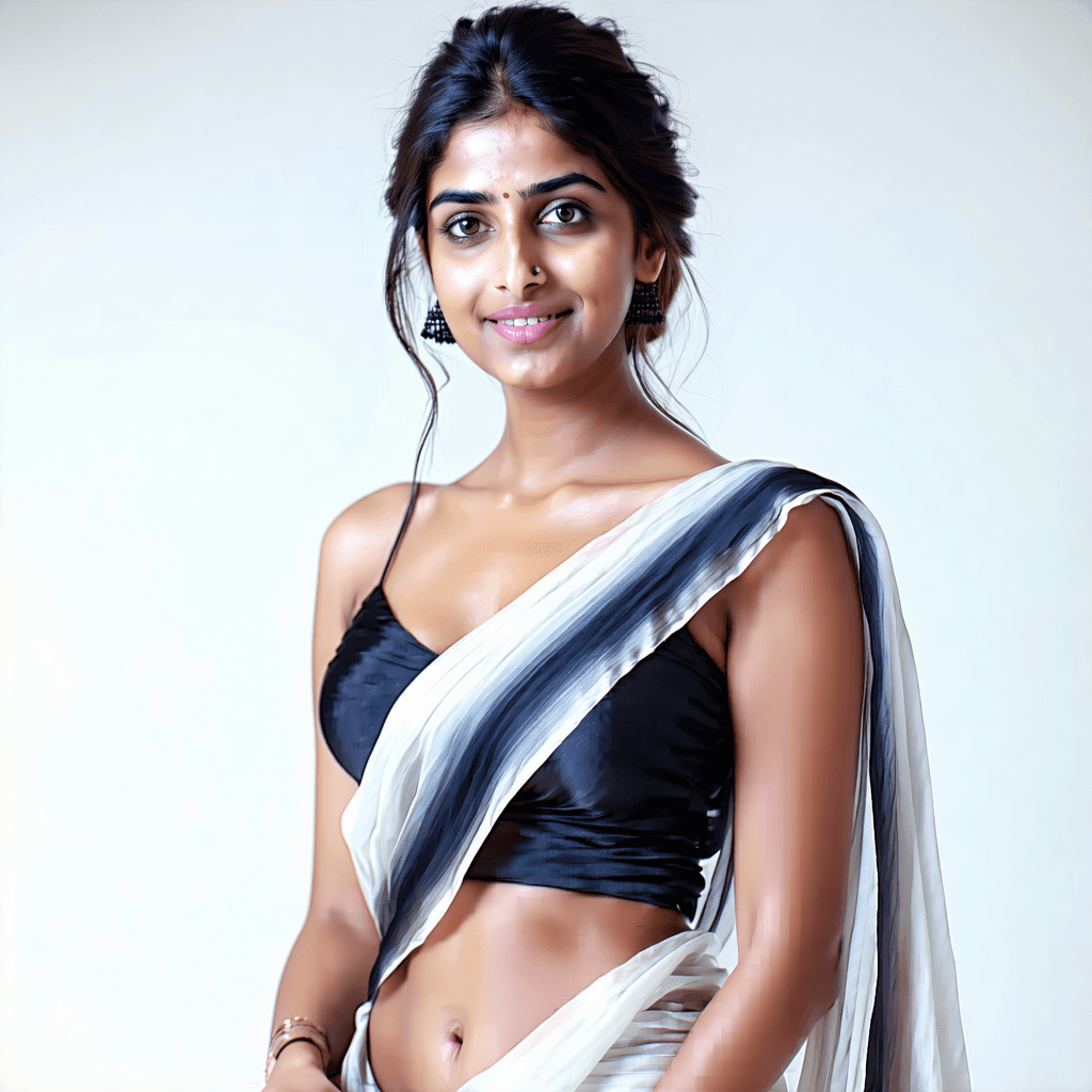 Capture an elegant woman adorned in a sleeveless saree, gracefully showcasing her navel. The saree should embody contrasting colors that strike a visual impact, set against a simple, clean background. The composition is symmetrical, highlighting the model's confident pose and subtle smile, under soft, diffused lighting to enhance the serene mood. Employ a shallow depth of field to isolate her figure, emphasizing the intricate details of the saree's fabric and her minimalist styling. The perspective is at eye level, ensuring realism and connection. Close-up shots are crucial to reveal the texture and detail of the saree, complemented by post-processing that sharpens these crisp details for a modern, detailed, product-focused photograph.