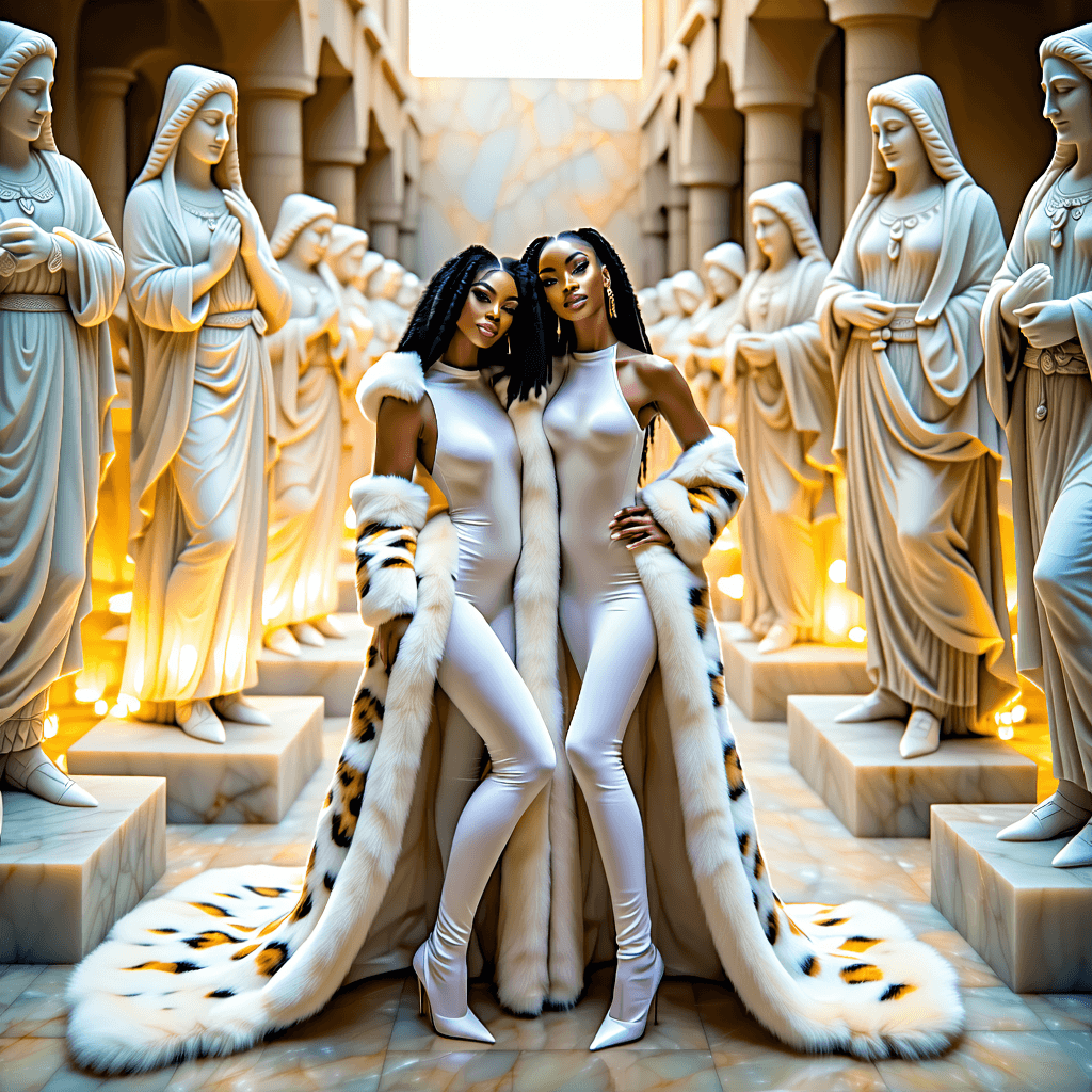 3 lovely delicate shaped beautiful caucasian elegant dreamy ladies, shrouded in trailing long very tight body-con long trailing floor-length hobble skirts luxurious fluff plush cheetah fur coat pattern print fur cocooning fluffy fur gowns with matching shoulder draped rich folded fluff alpaca blankets, posing between 2 rows of huge glowing translucent alabaster embracing translucent statues of goddesses.