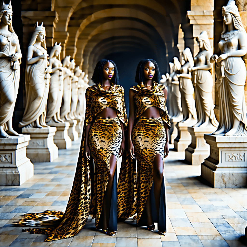 "3 graceful refined caucasian women in dreamy form-fitting floor-length skirts, swathed in opulent cheetah fur print gowns with draped alpaca blankets over their shoulders, standing amidst two lines of towering, softly illuminated alabaster goddess statues, their expressions somber under the muted, twilight ambiance."