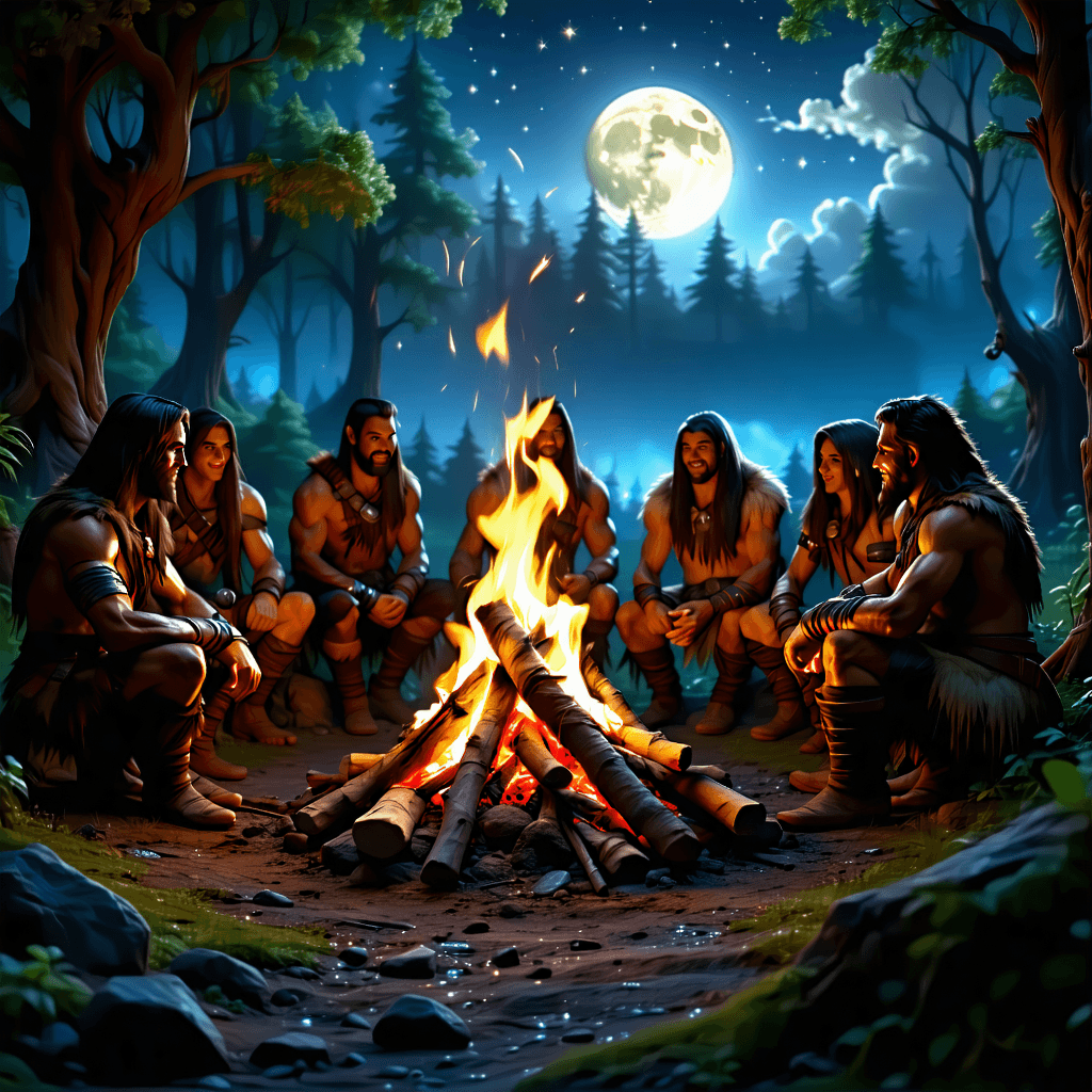 "Depict a gripping image of a Stone Age campfire and meeting area, intended as an immersive element for a game. The scene is washed in the cool, ethereal glow of moonlight, casting silvery tones over the natural hues of browns, greens, and blues. The fire, though not the central element, provides a small, warm contrast in the heart of the image where the characters are assembled. These figures, hailing from various walks of life and ages, exhibit unique facial