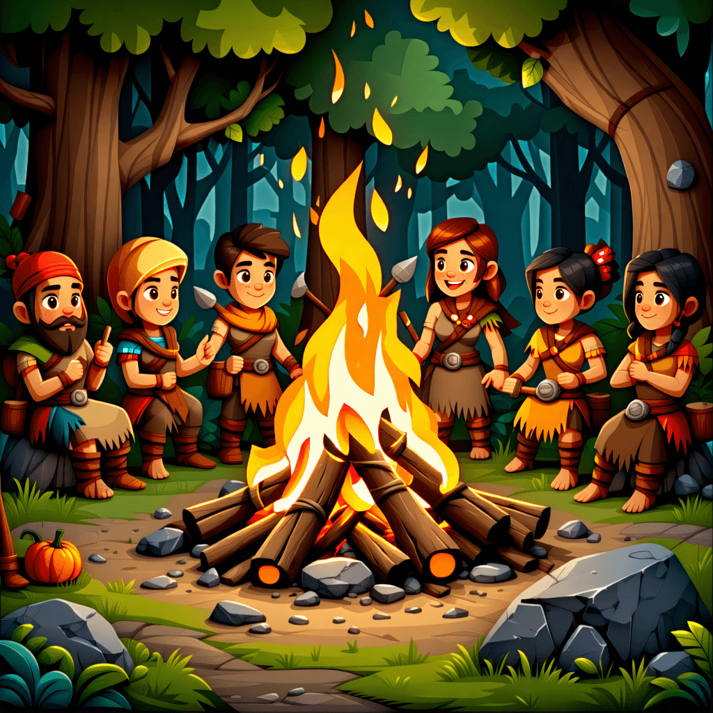 Craft a vivid story illustration of a Stone Age campfire and meeting site, serving as an iconic object for a game. The scene is bathed in warm, flickering firelight, enhancing the earthy tones of browns, greens, and oranges that dominate the palette. Centered on the fire, characters of diverse ages and backgrounds are gathered, each with distinct facial expressions and gestures, engaged in storytelling or animated conversations, embodying the essence of community. Their over-the-shoulder view frames the composition, drawing attention to the fire as the focal point. Foreground elements like rough, uneven textured rocks and primitive tools, along with symbolic elements such as animal totems or cave paintings subtly present in the background, add depth and context. The mood is set by the natural, engaging colors and lighting, with the inclusion of ancient artifacts or symbols around the fire enhancing the storytelling aspect. This illustration captures not just a moment but the vibrant life and communal spirit of the Stone Age.