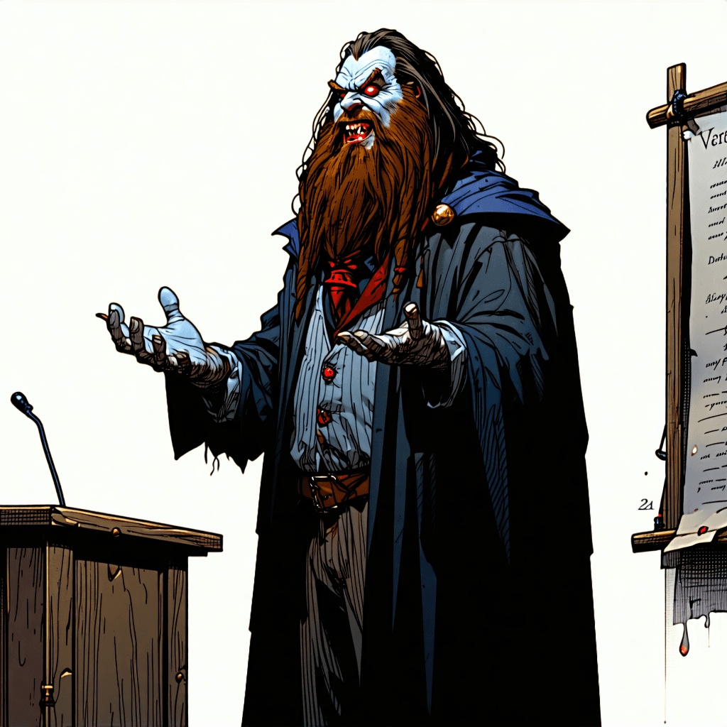 A Vampire Version of Hagrid from Harry Potter, standing in front of a class pult, old clothes