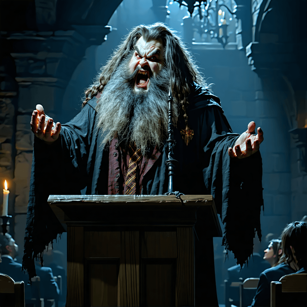 "A Noir-inspired Vampire version of Hagrid from Harry Potter, lecturing at a dimly lit class pulpit, wearing worn-out attire"
