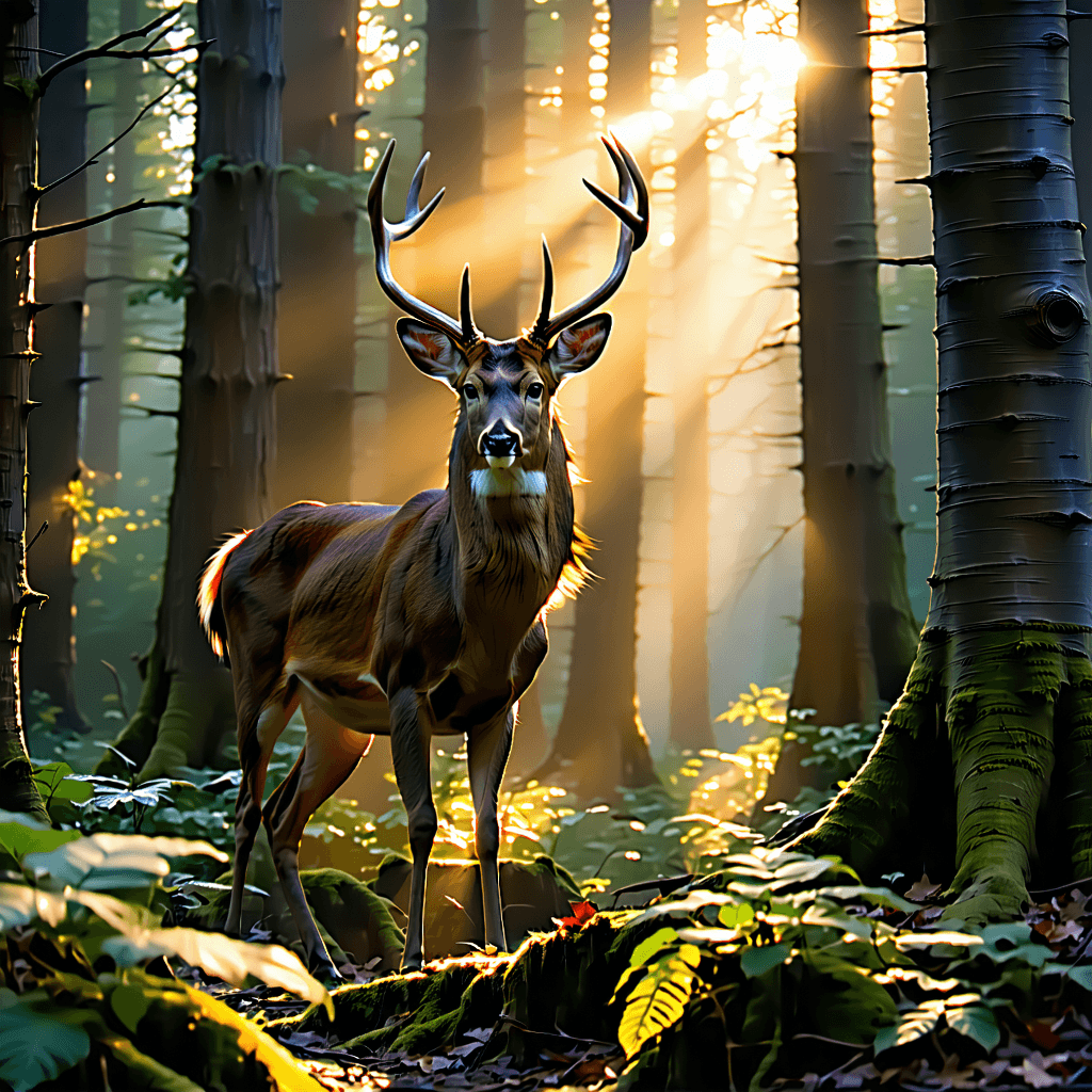 Craft a concept art piece focusing on a majestic deer situated in the heart of an ancient, dense forest. The scene is enveloped in an enchanting atmosphere, highlighted by the soft, golden glow of the golden hour. This magical lighting effect should cast a warm, ethereal light through the trees, illuminating the deer and the surrounding foliage in a cinematic and atmospheric style. The composition should be detailed and moody, capturing the serene yet mysterious essence of the forest at this magical time of day. Integrate a color scheme that complements the golden hour's natural palette, with rich greens, earthy browns, and golden highlights to create a cohesive and captivating visual narrative.