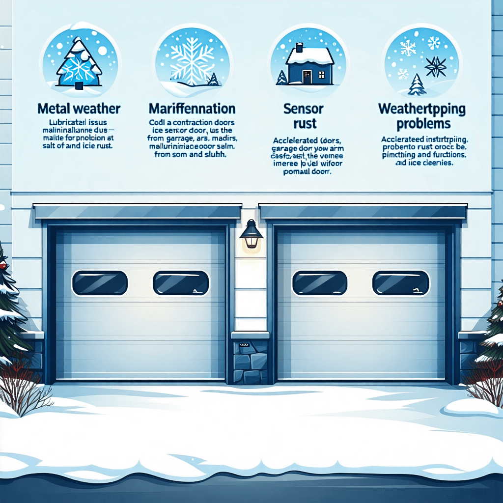Create a visually compelling and informative flyer that underscores the importance of winter garage door maintenance. Incorporate illustrative icons that represent each point made about the impact of cold weather on garage doors: metal contraction, lubrication issues, sensor malfunctions due to ice, accelerated rust from salt and slush, and weatherstripping problems. Use a winter scene as the background to visually represent the season, setting a cold, yet engaging tone. Overlay this scene with clear, readable text that includes the detailed information provided. Add a design element that simulates a clickable button, encouraging viewers to take action, alongside a prominent placement of R&R Garage Door's logo to ensure brand identity. The entire composition should fit within a square format, optimized for social media sharing. Aim for a layout that is organized and professional, with a color scheme that enhances readability and draws attention to the key messages.