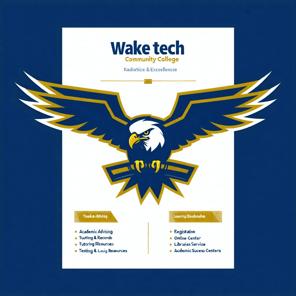 Create a clean, modern flyer for Wake Tech Community College, radiating academic excellence and community spirit. The main subject, highlighted through navy blue and gold, encompasses sections for Academic Advising, Registration & Records, Tutoring & Learning Center, Online Resources, Testing Services, Academic Success Centers, Libraries, and the Bookstore. Integrate the college mascot, an eagle with a dark blue body and a white head, showcasing a bold, friendly, school-spirit style. Infuse the design with fun cartoon characters representing academic resources, such as a cartoon student for tutoring and cartoon books for the library, alongside academic-themed visuals like books, laptops, pencils, and campus icons. Ensure the layout is organized and welcoming, employing a grid system for balanced spacing, modern sans-serif headings, and serif fonts for body text to maintain readability. Incorporate engaging visual hierarchy, professional branding elements like subtle textures, and a motivating tone with inspirational academic quotes. The composition should be dynamic, utilizing color overlays and gradients to unify the navy blue and gold theme, and creative use of shadows and highlights to add depth.