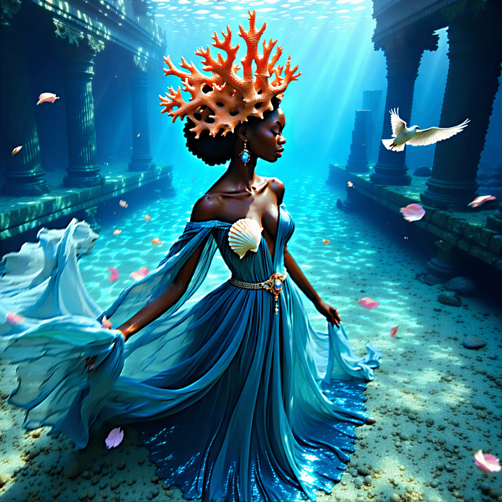 Create a surrealist masterpiece capturing a water goddess emerging from the ocean's embrace. She wears a crown fashioned from oversized coral, vibrant and iridescent, complementing her flowing blue dress adorned with a seashell broach. Her presence is ethereal, surrounded by a glowing aura effect that adds a mystical quality to her form. The scene is viewed from above, a bird's eye perspective that reveals the translucent water effects around her, with light rays filtering through the water, creating a serene and otherworldly atmosphere. Floating petals dance around her, enhancing the magical mood, while in the distance, ancient ruins hint at a forgotten world. The entire composition is bathed in iridescent hues, with a misty ocean background and a flowing water motif symbolizing eternal movement. Her serene expression invites tranquility, as the surreal elements of the scene—like the mist and the mystical atmosphere—blend seamlessly with the realistic details to create an imaginative and dreamlike visual narrative.