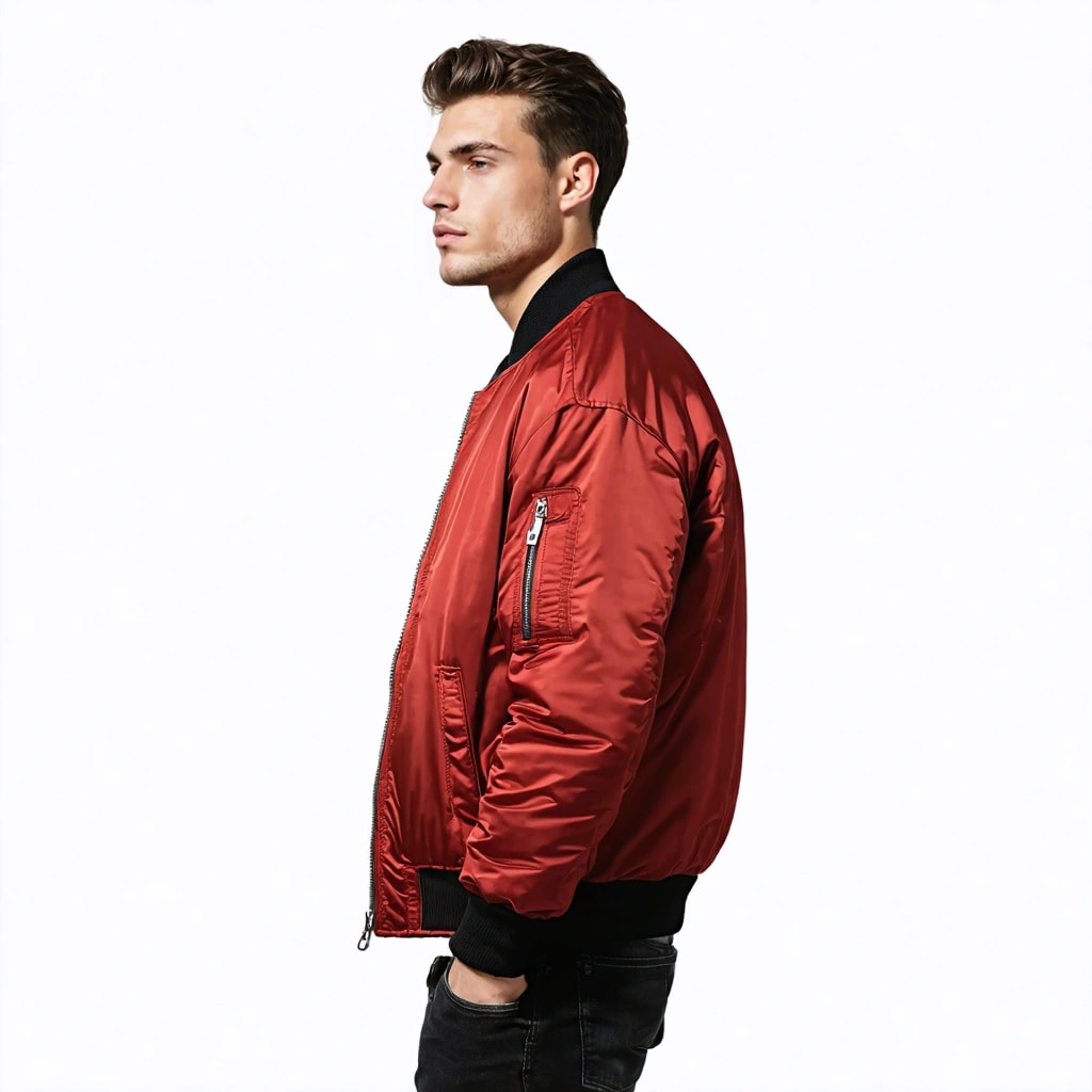 AI Generated Art: Create an ultra-realistic lifestyle image of a male model wearing the exact same red bomber jacket described below, ensuring identical design, color, materials, and details:
Jacket specifications (must match exactly):
Color: rich deep red (#C1121F), satin-matte finish.
Material: mid-weight polyester blend with light padding, smooth surface, subtle soft reflections.
Collar: black ribbed knit bomber collar with fine vertical rib texture.
Cuffs & Hem: black ribbed knit, tight texture, identical to collar ribbing.
Zipper: metallic silver zipper with chunky matte teeth and a rectangular pull tab.
Pockets: two welt pockets with horizontal black piping on openings.
Silhouette: lightly padded bomber fit, structured shoulders, natural puff, clean lines.
Stitching: double-stitch seams identical to packshot image.
Model & Setting:
Male model, mid-20s to early-30s, clean grooming, casual neutral expression.
Pose: relaxed, standing, hands by sides or one hand in pocket, facing camera naturally.
Lighting: soft studio lighting or outdoor diffused daylight, evenly illuminating the jacket to show texture.
Background: simple minimalistic background (light grey, urban street blur, or clean studio) that does not compete with the product.
Camera: vertical format, chest-up or full-body shot, high sharpness, shallow depth of field highlighting the jacket.
Ensure the jacket’s color, silhouette, collar, cuffs, zipper, and pocket details perfectly match the standalone product image.”
