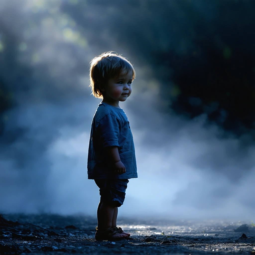 AI Generated Art: Create a piece of concept art capturing a realistic toddler standing alone as dusk settles in, embodying an innocent yet slightly unsettling mood. The child's gentle smile illuminates their face, backed by a soft backlight that casts long, dramatic shadows across the scene. A subtle fog enhances the mystery, enveloping the space with a mysterious atmosphere. The toddler's eyes catch the fading light, reflective and deep, adding a touch of otherworldliness. Employ a cinematic framing with a shallow depth of field to isolate the toddler, emphasizing their vulnerability amidst the encroaching darkness. The composition should be dynamic, utilizing asymmetrical balance to craft a visual narrative that's rich in symbolism and emotion. Focus on ultra-realistic textures, especially the detailed skin texture of the toddler, ensuring that every element contributes to the dark fairytale tone. The color palette should be deep and rich, with dark blues and purples dominating, while the contrast between light and dark areas is intensified to enhance the dramatic effect. Reflections on surfaces should amplify the scene's eerie beauty, creating a composition that's both haunting and captivating.