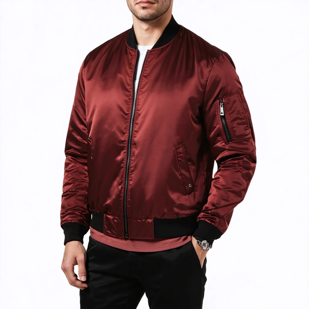 AI Generated Art: Envision a scene poised for the spotlight in an e-commerce gallery: a men's bomber jacket, the epitome of sophistication, stands perfectly centered against a background of pristine white (#FFFFFF). This garment, a marvel in rich deep red (#C1121F), boasts a subtle satin-matte sheen that whispers luxury. Crafted from a mid-weight polyester blend, it exhibits a smooth surface with a soft reflection, ensuring a tactile allure without the gloss. The classic bomber collar, ribbed knit in an elegant black, frames the piece with fine vertical lines, while the cuffs and hem follow suit, their tight texture hinting at a comforting stretch. The jacket's metallic silver zipper, with its chunky teeth and matte finish, runs straight and centered, its pull a study in simplicity with rectangular, rounded edges. The silhouette of the jacket, slightly padded, with structured shoulders, achieves a natural puff and clean vertical drape that suggests motion even in stillness. Two front welt pockets, accented with horizontal black piping, introduce a functional charm. Detail is king with double-stitch seams that promise durability and a premium aesthetic. The soft, refined fabric texture, complete with subtle quilting lines invisible from the outside, invites a closer look. The jacket, though unoccupied, appears filled, its sleeves curved gently, denying any hint of collapse. Illuminated by even, soft studio lighting from both sides, the jacket casts a subtle drop shadow beneath, lending depth and grounding its presence. This high-resolution packshot captures the essence of the jacket, focusing on the accuracy of its deep red hue, the precision of its zipper, and the elegance of its fit, all while ensuring a clean, distraction-free presentation that accentuates its structured shoulders, ribbed knit details, and flawless composition.