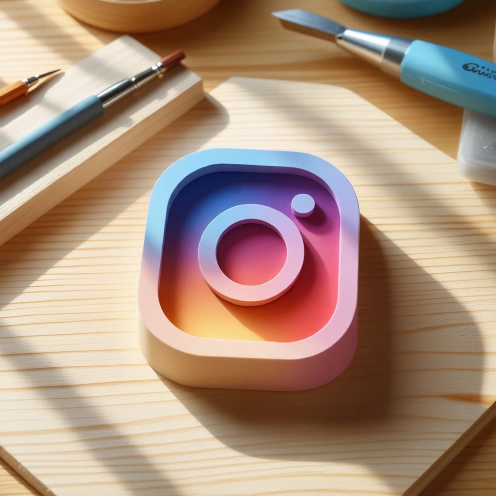 AI Generated Art: Craft an 8k resolution, hyperrealistic 3D render capturing a handmade instagram logo, meticulously shaped from [material] with real pastel colors. The logo, exhibiting a smooth, matte texture with subtle imperfections, lies on a natural wooden worktop. Illuminated by soft overhead lighting, it's the centerpiece in a cinematic, dramatic diagonal composition. A shallow depth of field introduces a bokeh effect, artfully blurring the background where subtle nature elements and handmade tools hint at an artisanal setting. The image oozes elegance, with a symmetrical composition and luxurious finish, while subtle leading lines and textural patterns enhance its sophisticated, artisanal vibe.