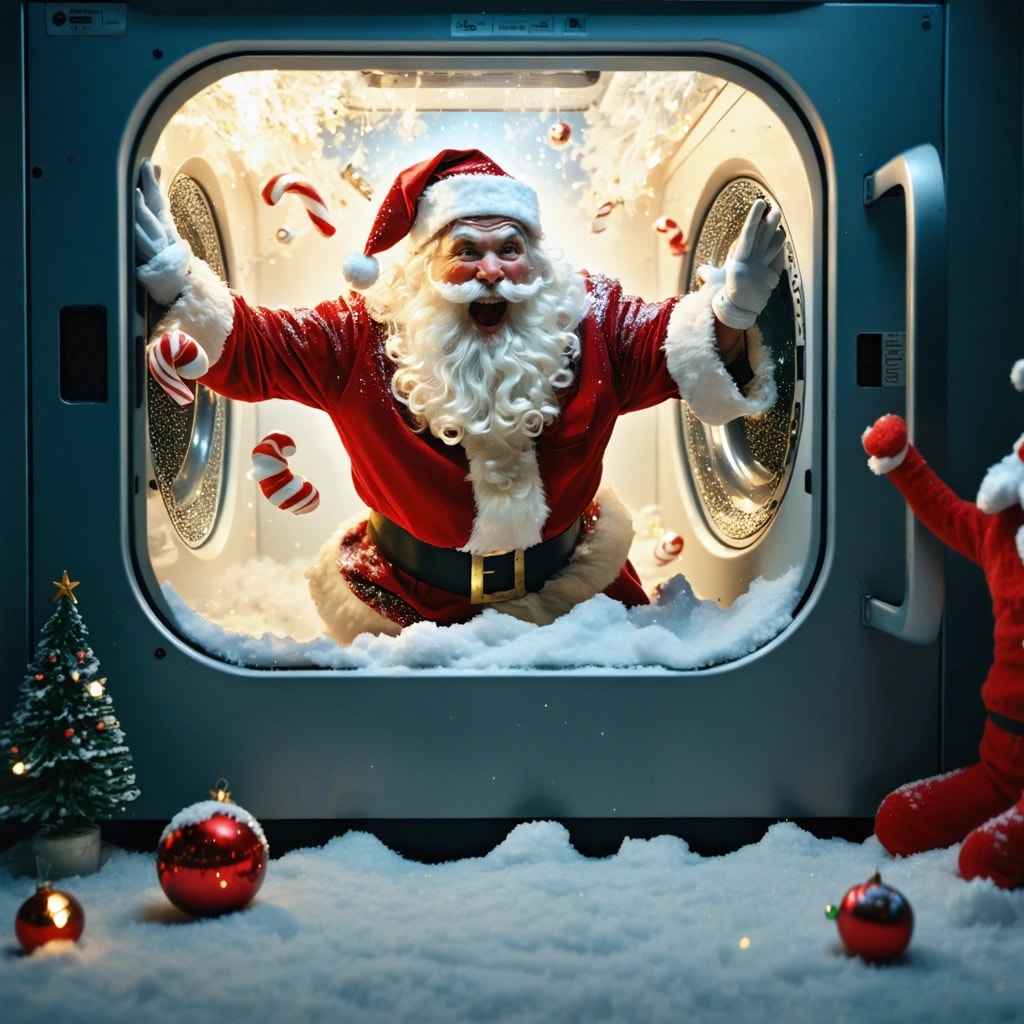AI Generated Art: Create a photographic image capturing a surreal Christmas scene inside a cozy, warmly lit home. In this cinematic wide shot, the main subject is Santa Claus humorously spinning inside a transparent, vintage washing machine. His iconic hat and fluffy white beard are comically pressed against the glass, while colorful socks and candy canes swirl around him in a dynamic dance, adding motion blur to convey movement. The scene is bathed in soft, warm lighting that highlights the hyper-realistic textures of the scene, from the vintage washing machine's intricate details to the individual fibers of Santa's suit. Elves are seen in the background, their laughter almost audible, contributing to the overall humorous tone. The composition adheres to the rule of thirds, ensuring a visually balanced image. A shallow depth of field keeps the focus squarely on Santa's expressive face, letting the background blur slightly to enhance the intimate atmosphere. The color palette is vibrant and playful, with a high contrast and saturation boost that makes the scene pop. Special effects like a glitter overlay add a magical touch, emphasizing the festive spirit. The image is envisioned in 8k resolution to capture the rich, detailed textures and the softness of the warm lighting, making the scene appear as if it could be a moment frozen in time from a high-budget holiday film.