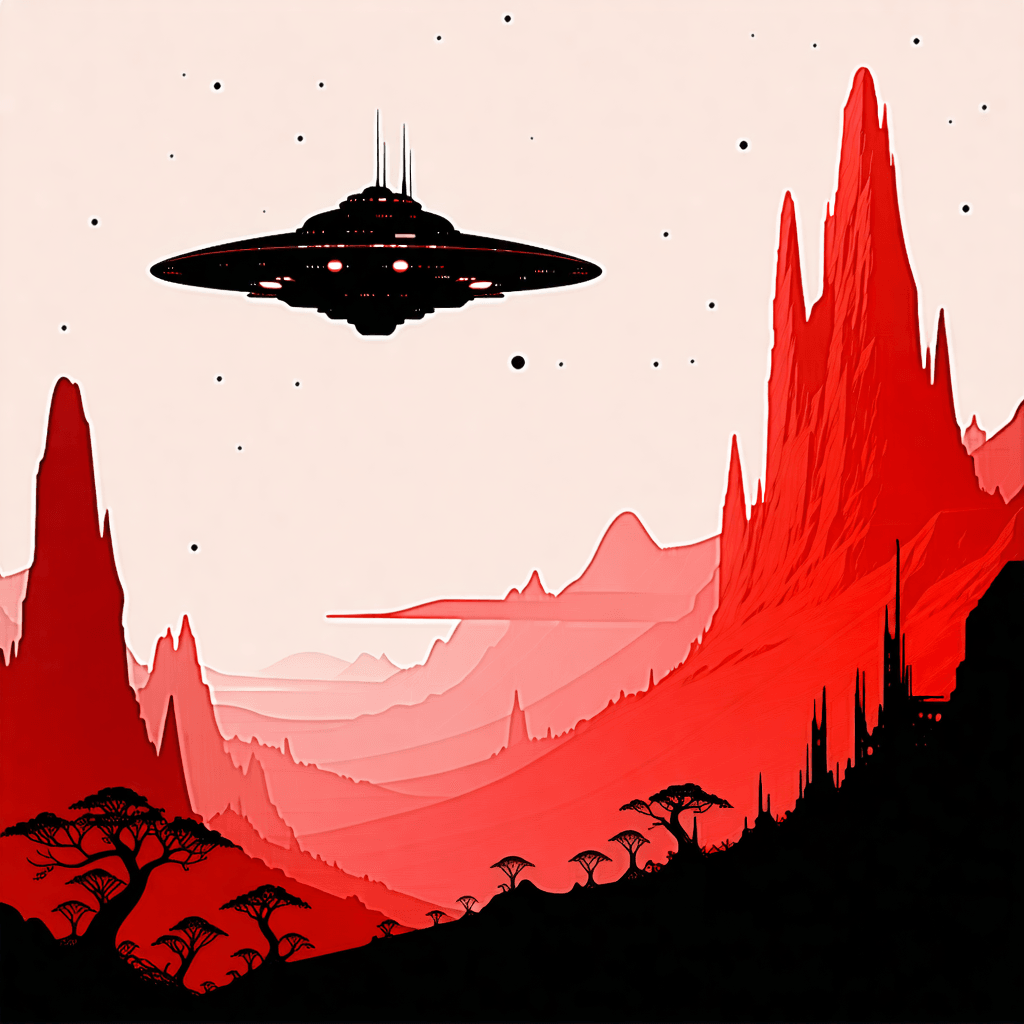 AI Generated Art: A minimalist YouTube banner featuring a surreal sci-fi landscape in shades of pastel red. A black silhouette of a classic alien spaceship hovers above a black silhouette of a city building or skyline. The entire background should be a smooth gradient or solid fill of pastel red, with subtle texture like faint stars or soft douds to add depth. The composition should feel cinematic and wide, maintaining a clean, uncluttered look Leave space on the left or right side for the channel name "animpaint" in a modem, futuristic font. The overall vibe should be mysterious, imaginative, and aligned with the "paint explain" .