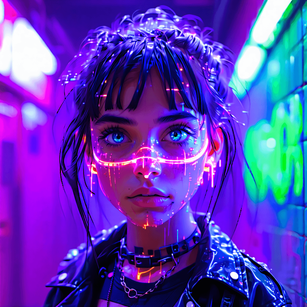 AI Generated Art: "Generate an image that portrays a dystopian cyberpunk universe, with a young girl at its core who is a blend of innocent youth and hardened warrior. This girl, encased in an ethereal aura of purple and green neon luminescence, is a beacon of the rebellious spirit of 80s punk rock, her eyes shimmering with pure power. The backdrop throbs with the subtle echoes of smashed jukeboxes, deserted clubs, and the wreckage of a metropolis, all puls